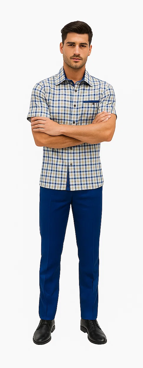 Mens Plaid Walking Suit in Royal by Dreams by Zacchi  2 Piece Leisure Outfit with Matching Shirt and pant - $99