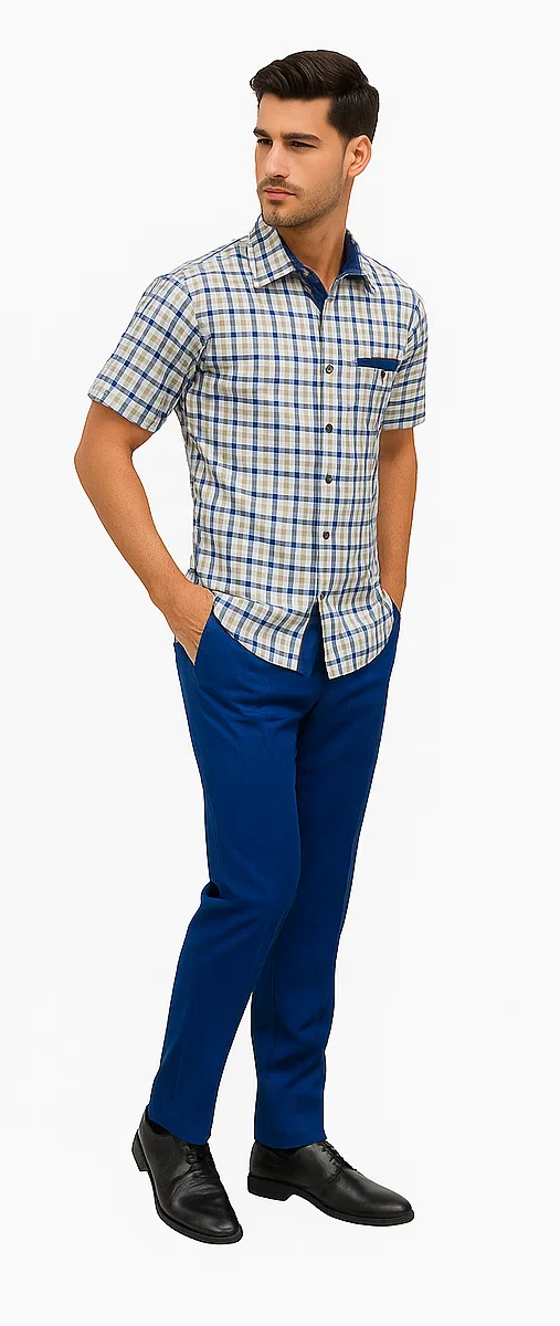 Mens Plaid Walking Suit in Royal by Dreams by Zacchi  2 Piece Leisure Outfit with Matching Shirt and pant - $99