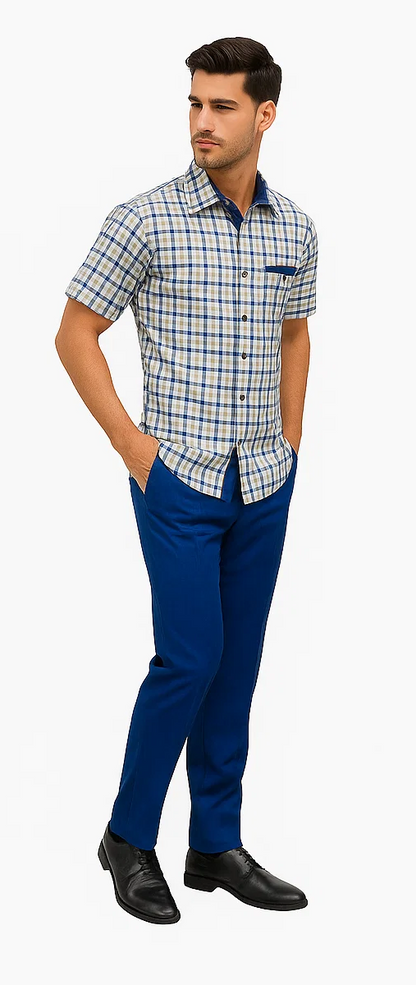 Mens Plaid Walking Suit in Royal by Dreams by Zacchi  2 Piece Leisure Outfit with Matching Shirt and pant - $99
