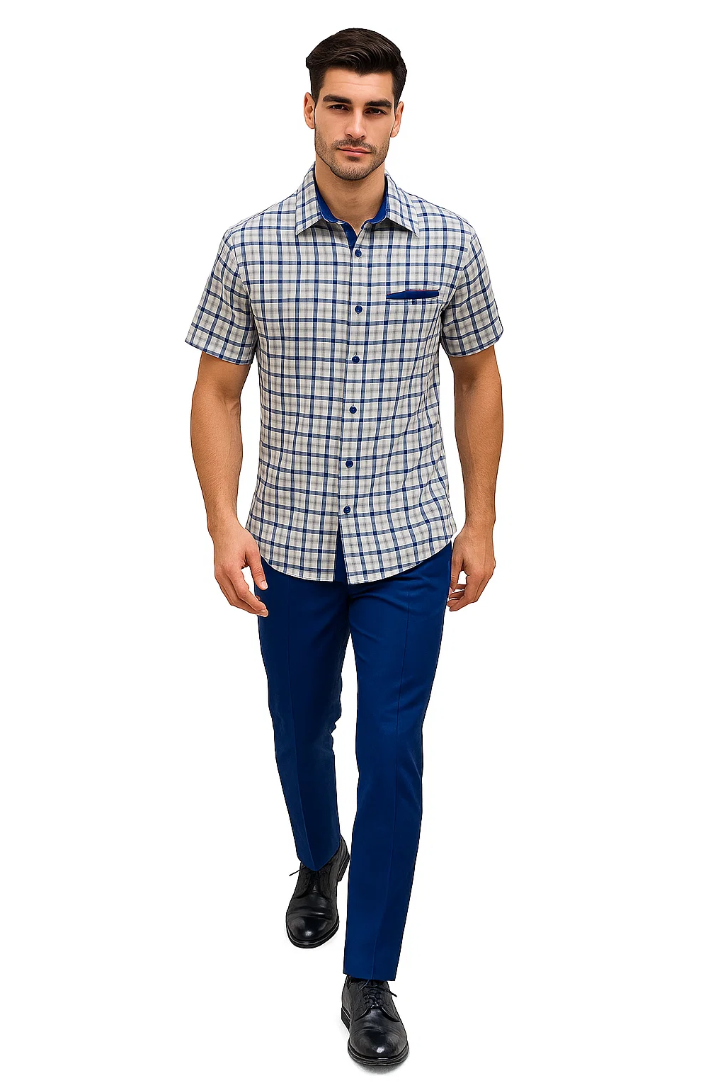 Mens Plaid Walking Suit in Royal by Dreams by Zacchi  2 Piece Leisure Outfit with Matching Shirt and pant - $99