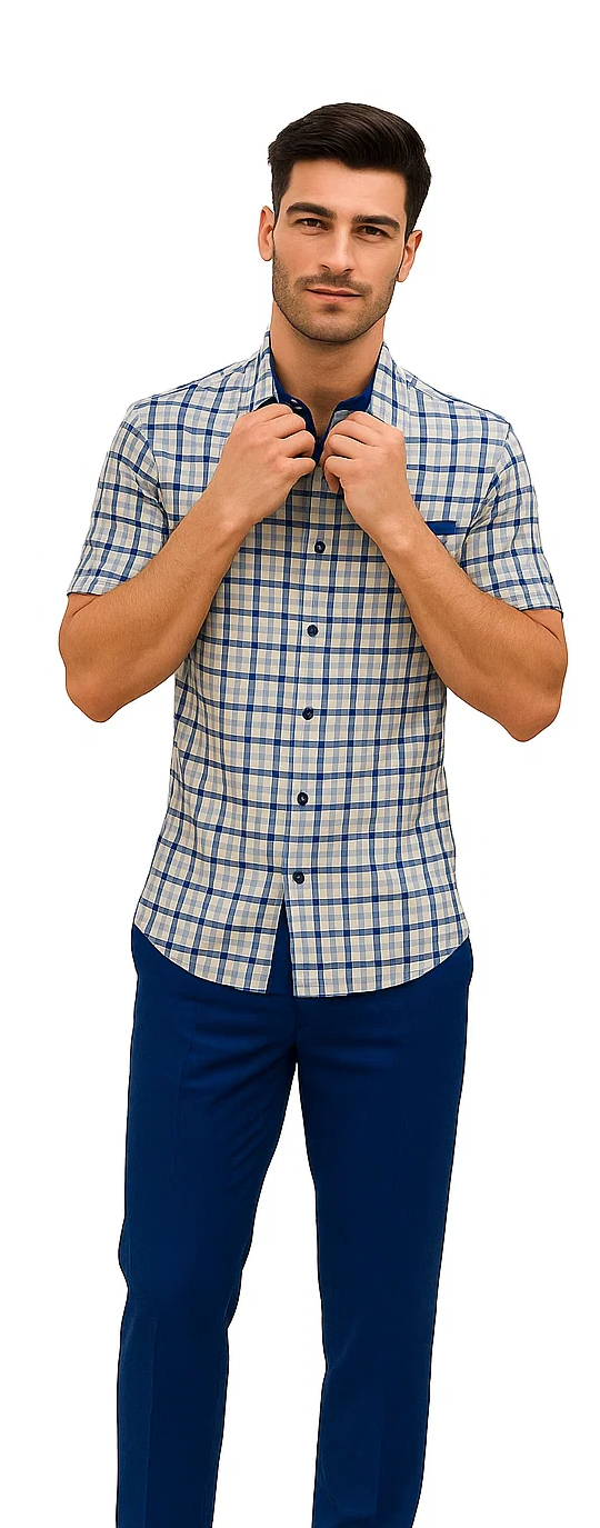 Mens Plaid Walking Suit in Royal by Dreams by Zacchi  2 Piece Leisure Outfit with Matching Shirt and pant - $99