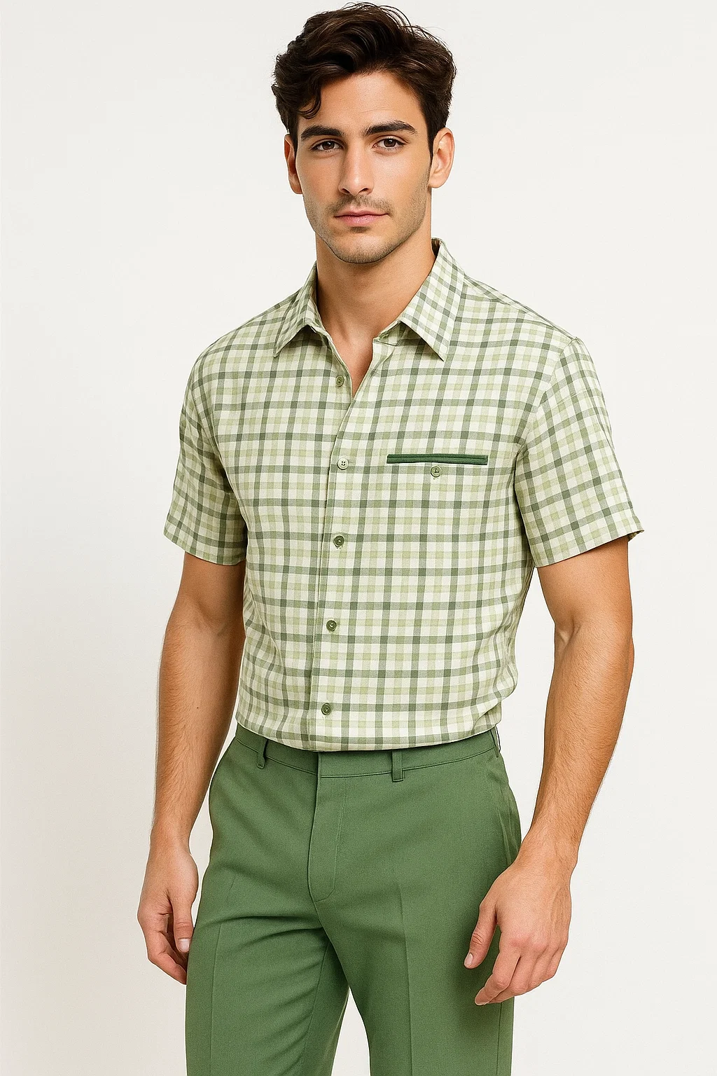 Mens Plaid Walking Suit in Sage by Dreams by Zacchi – 2 Piece Leisure Outfit with Matching Shirt and pant - $99