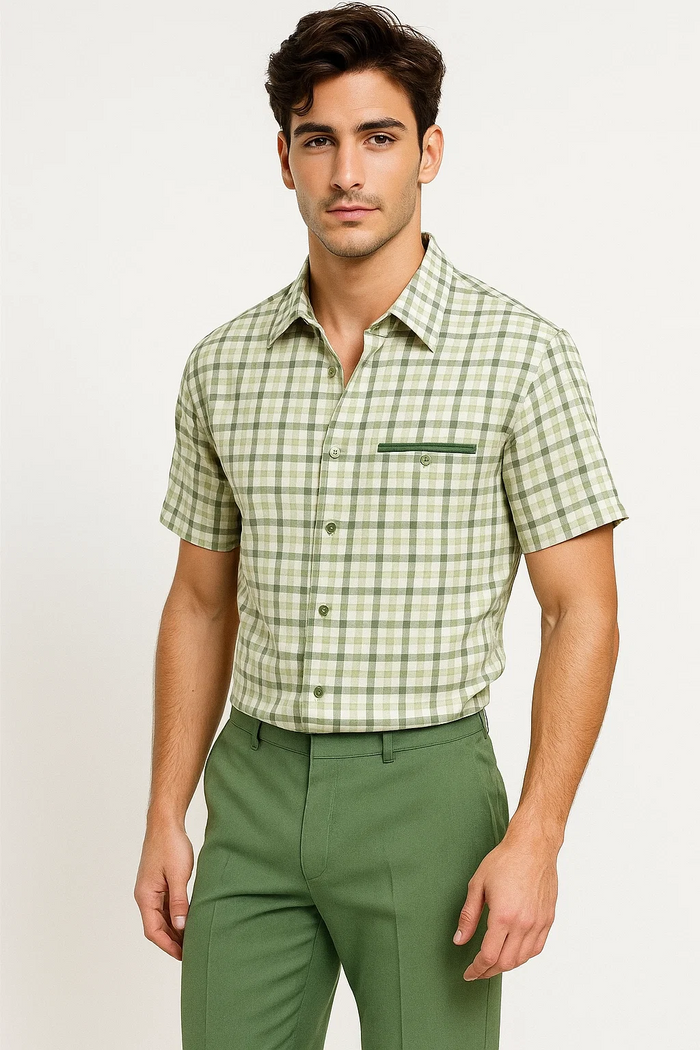 Mens Plaid Walking Suit in Sage by Dreams by Zacchi  2 Piece Leisure Outfit with Matching Shirt and pant - $99