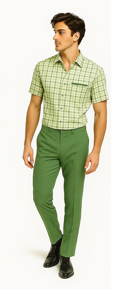 Mens Plaid Walking Suit in Sage by Dreams by Zacchi  2 Piece Leisure Outfit with Matching Shirt and pant - $99