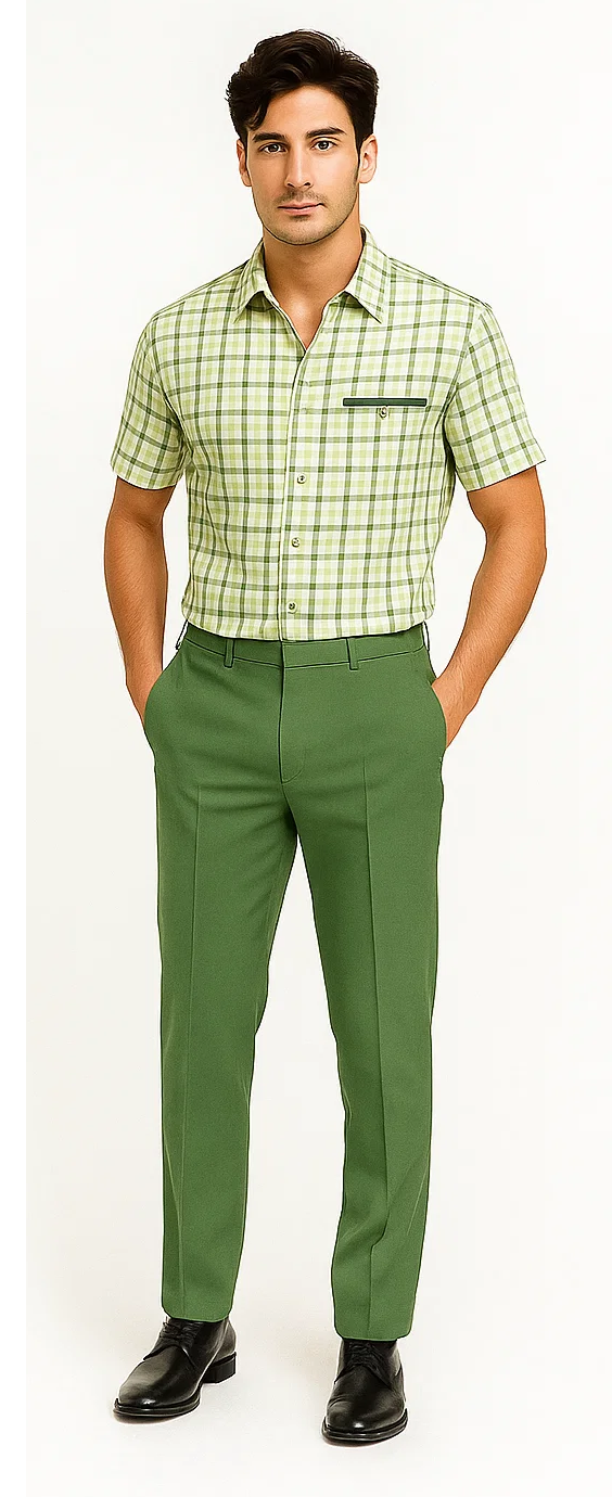 Mens Plaid Walking Suit in Sage by Dreams by Zacchi – 2 Piece Leisure Outfit with Matching Shirt and pant - $99