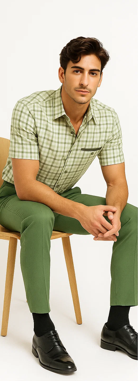 Mens Plaid Walking Suit in Sage by Dreams by Zacchi  2 Piece Leisure Outfit with Matching Shirt and pant - $99
