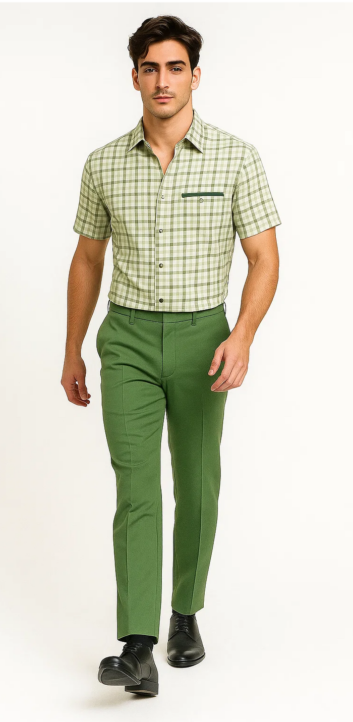 Mens Plaid Walking Suit in Sage by Dreams by Zacchi  2 Piece Leisure Outfit with Matching Shirt and pant - $99