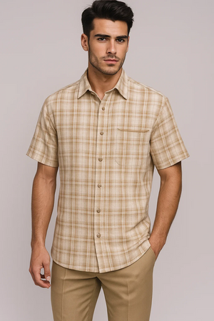 Mens Plaid Walking Suit in Tan by Dreams by Zacchi  2 Piece Leisure Outfit with Matching Shirt and pant-$99
