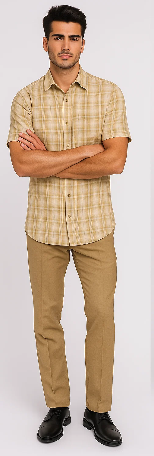 Mens Plaid Walking Suit in Tan by Dreams by Zacchi  2 Piece Leisure Outfit with Matching Shirt and pant-$99