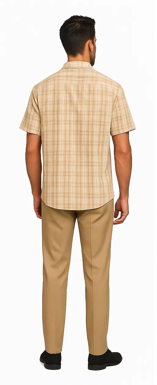 Mens Plaid Walking Suit in Tan by Dreams by Zacchi  2 Piece Leisure Outfit with Matching Shirt and pant-$99