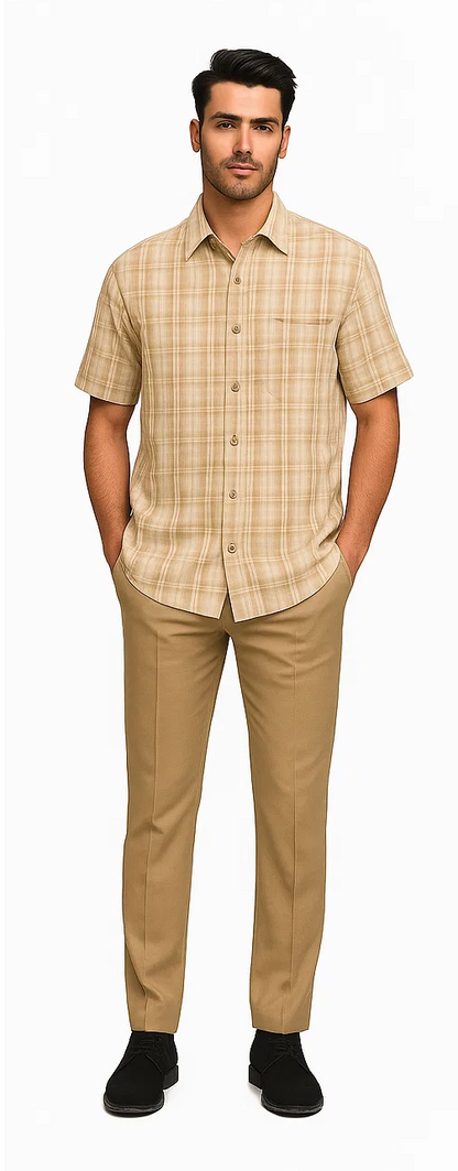 Mens Plaid Walking Suit in Tan by Dreams by Zacchi  2 Piece Leisure Outfit with Matching Shirt and pant-$99
