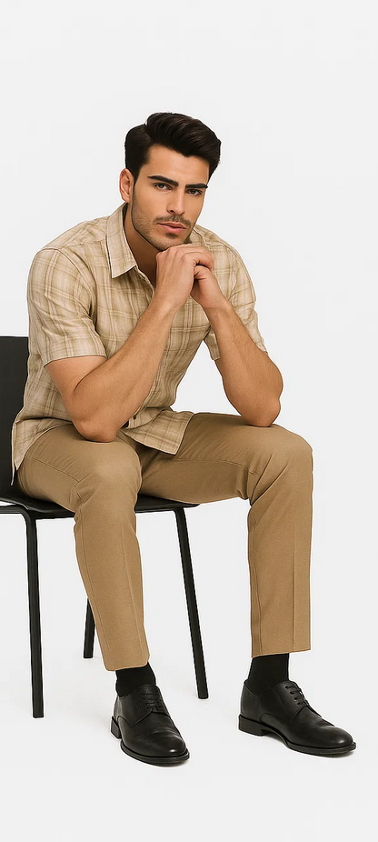 Mens Plaid Walking Suit in Tan by Dreams by Zacchi  2 Piece Leisure Outfit with Matching Shirt and pant-$99