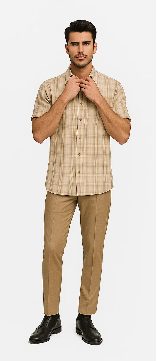 Mens Plaid Walking Suit in Tan by Dreams by Zacchi  2 Piece Leisure Outfit with Matching Shirt and pant-$99