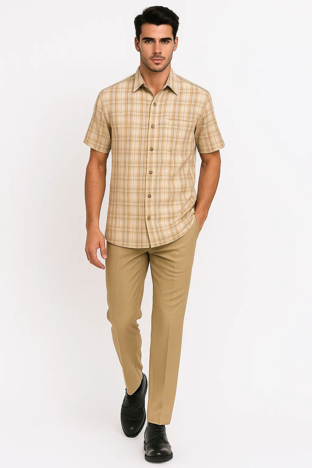 Mens Plaid Walking Suit in Tan by Dreams by Zacchi  2 Piece Leisure Outfit with Matching Shirt and pant-$99