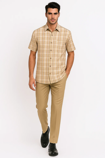 Mens Plaid Walking Suit in Tan by Dreams by Zacchi  2 Piece Leisure Outfit with Matching Shirt and pant-$99