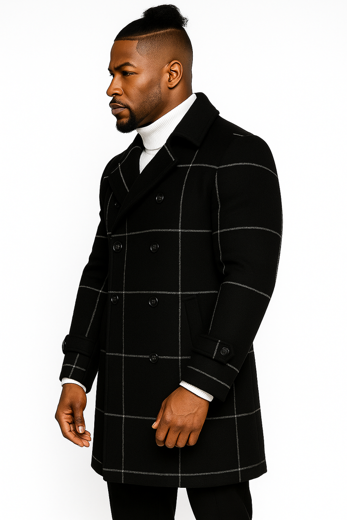 Mens Plaid Overcoat - Wool Peacoat - Plaid Topcoats Six Button Black