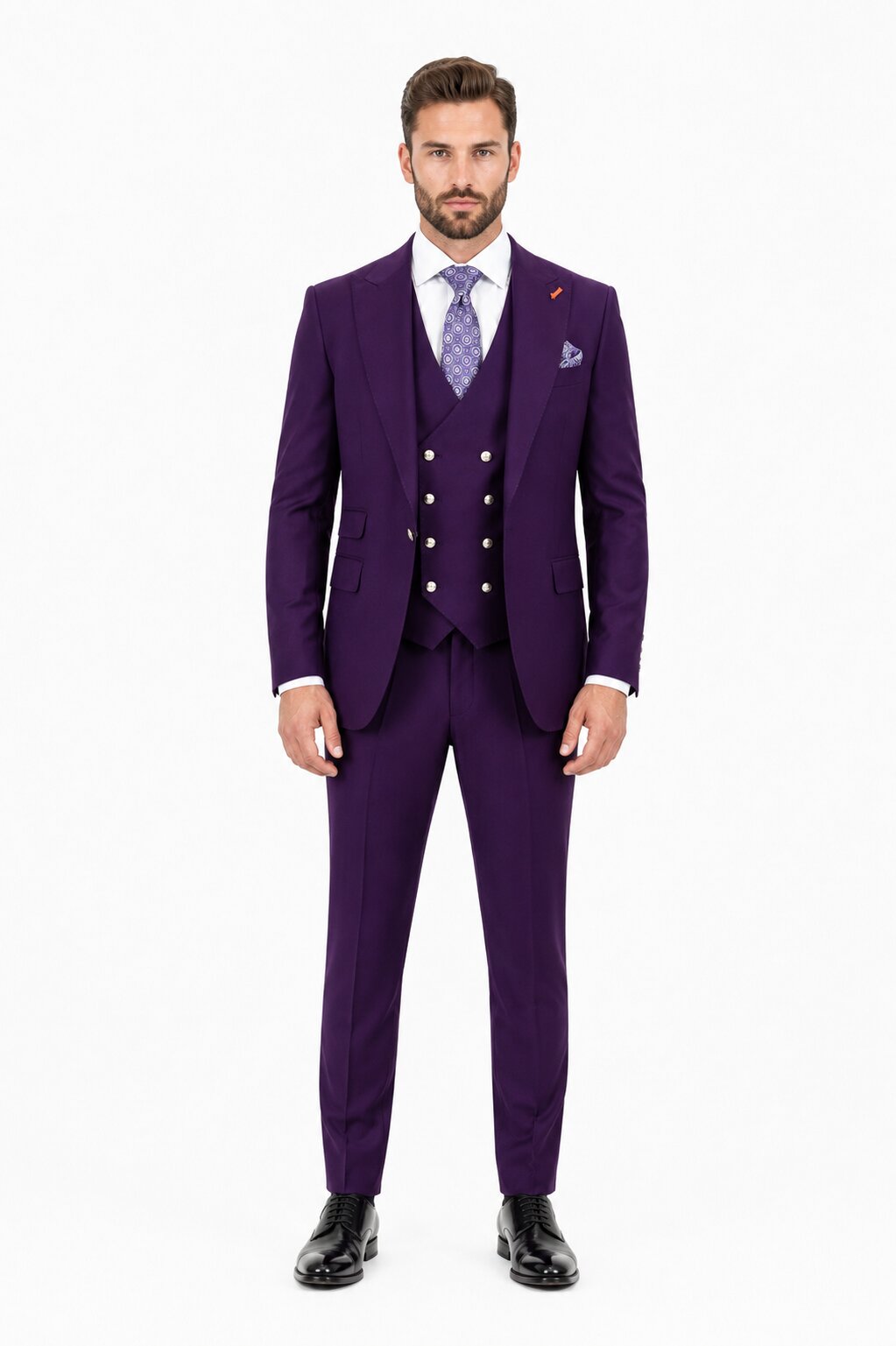 Men's Plum Statement Ticket Pocket Peak Lapel Wool Double Breasted Vest Suit with Silver Buttons – Modern Fit