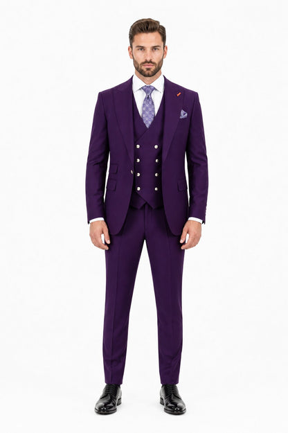 Men's Plum Statement Ticket Pocket Peak Lapel Wool Double Breasted Vest Suit with Silver Buttons – Modern Fit