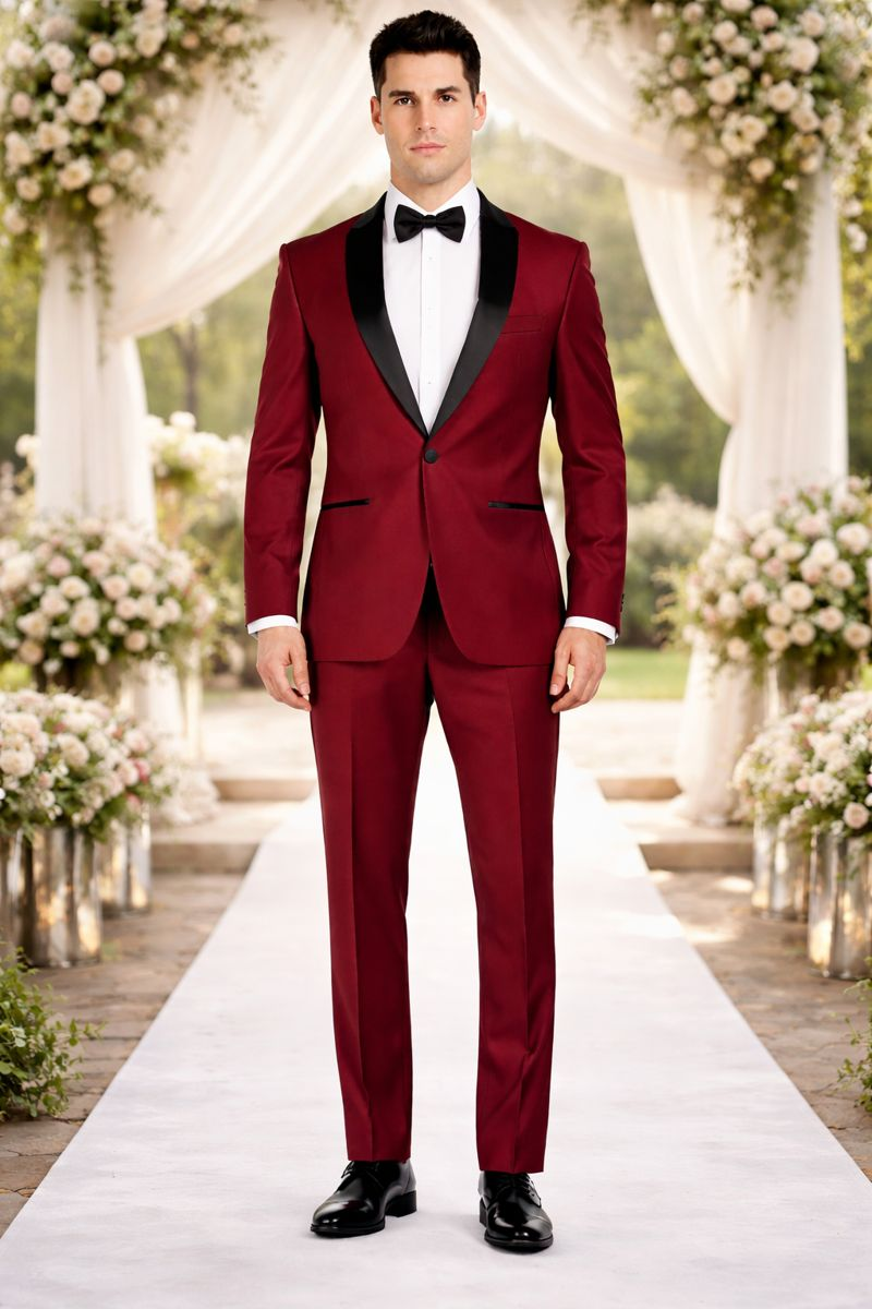 Mens Prom | Wedding Slim Fit Shawl Tuxedo Burgundy