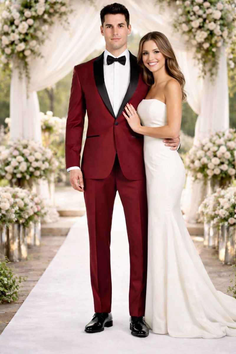 Mens Prom | Wedding Slim Fit Shawl Tuxedo Burgundy