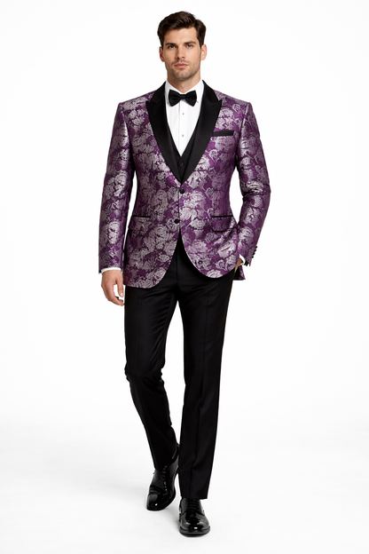 Mens Purple and White Paisley Floral Brocade Tuxedo Jacket - Suit with Satin Lapel Wtih Black Pants
