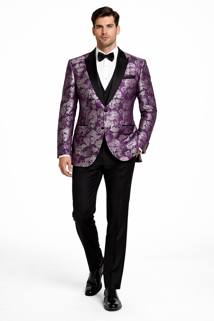 Mens Purple and White Paisley Floral Brocade Tuxedo Jacket - Suit with Satin Lapel Wtih Black Pants