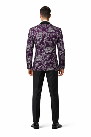 Mens Purple and White Paisley Floral Brocade Tuxedo Jacket - Suit with Satin Lapel Wtih Black Pants