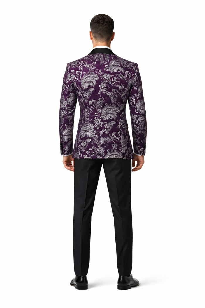 Mens Purple and White Paisley Floral Brocade Tuxedo Jacket - Suit with Satin Lapel Wtih Black Pants