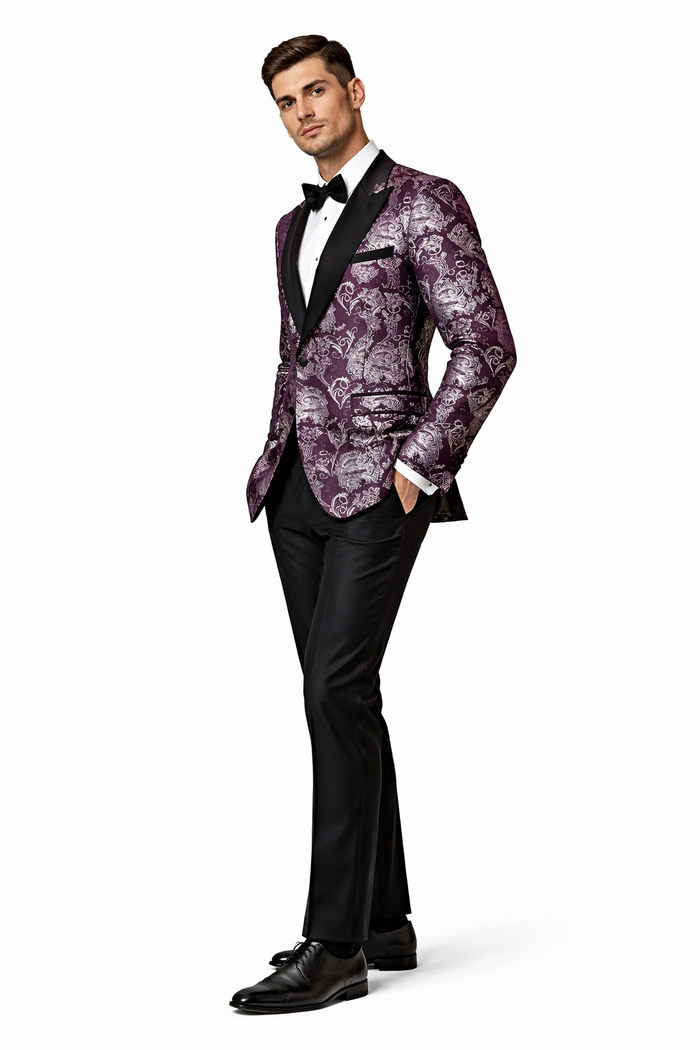 Mens Purple and White Paisley Floral Brocade Tuxedo Jacket - Suit with Satin Lapel Wtih Black Pants