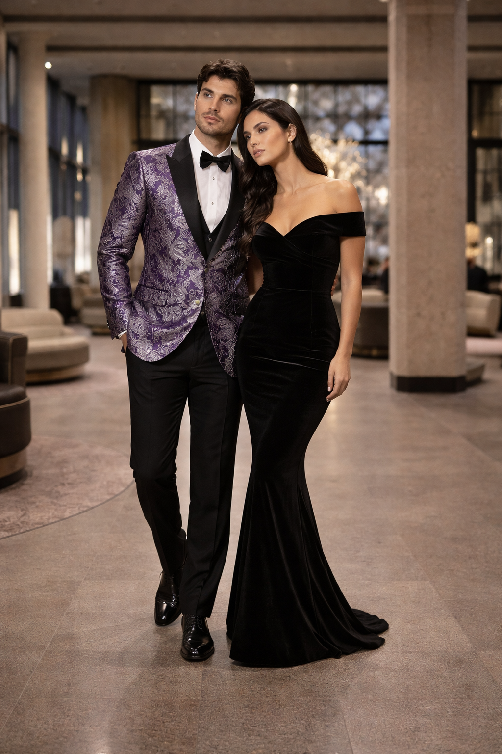 Mens Purple and White Paisley Floral Brocade Tuxedo Jacket - Suit with Satin Lapel Wtih Black Pants