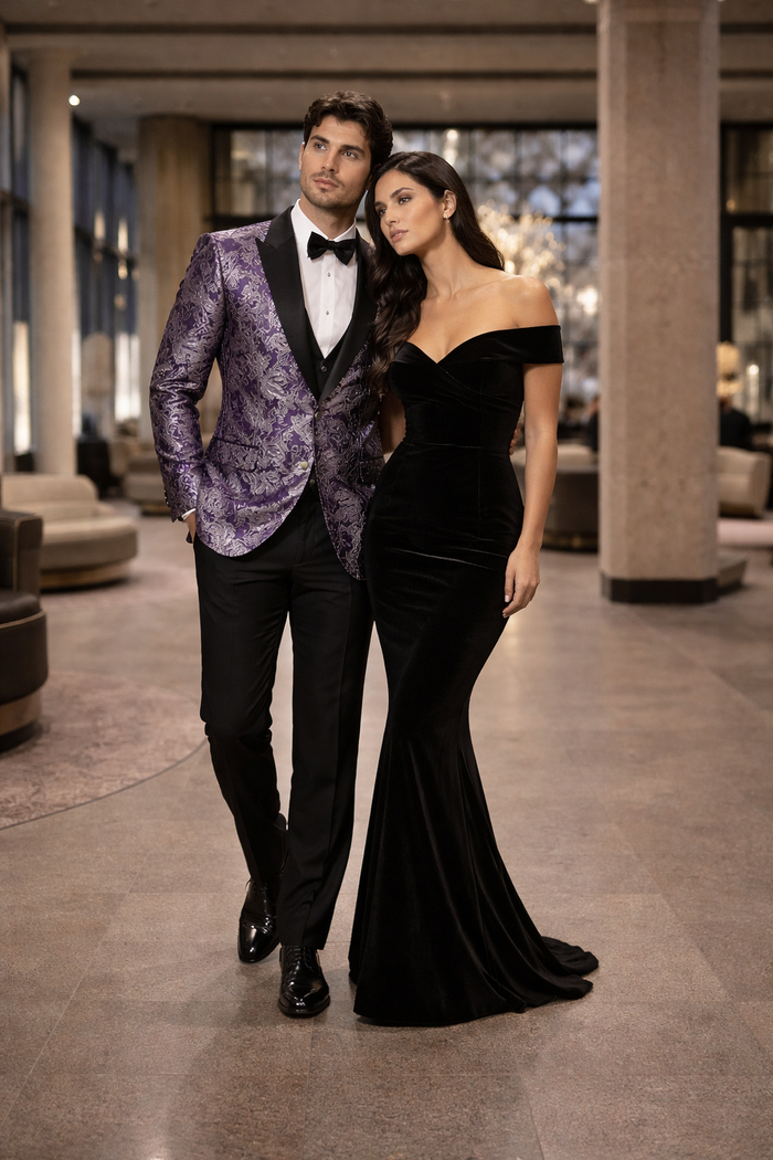 Mens Purple and White Paisley Floral Brocade Tuxedo Jacket - Suit with Satin Lapel Wtih Black Pants