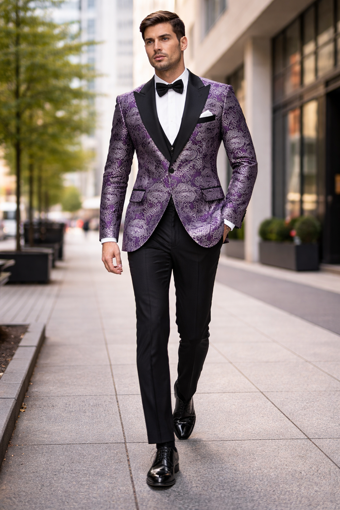 Mens Purple and White Paisley Floral Brocade Tuxedo Jacket - Suit with Satin Lapel Wtih Black Pants