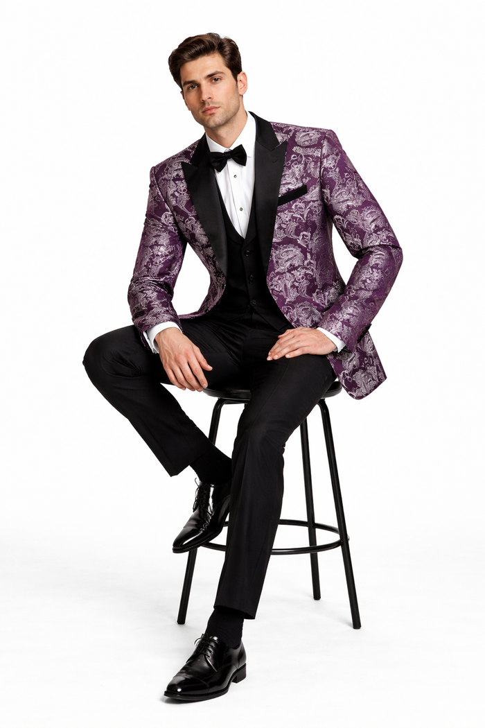 Mens Purple and White Paisley Floral Brocade Tuxedo Jacket - Suit with Satin Lapel Wtih Black Pants