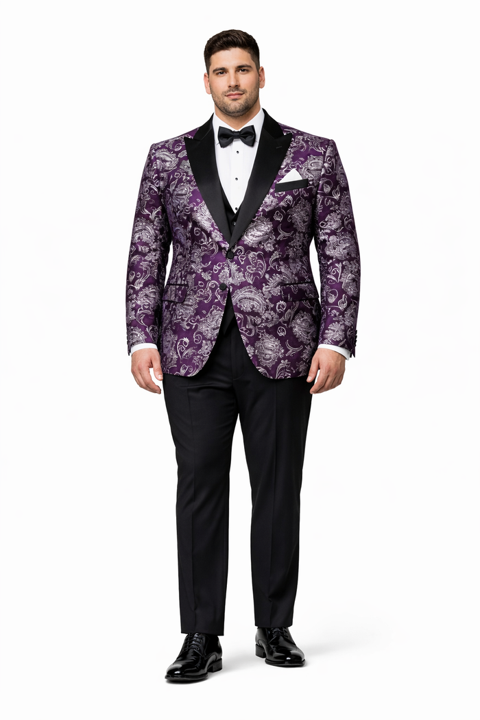 Mens Purple and White Paisley Floral Brocade Tuxedo Jacket - Suit with Satin Lapel Wtih Black Pants