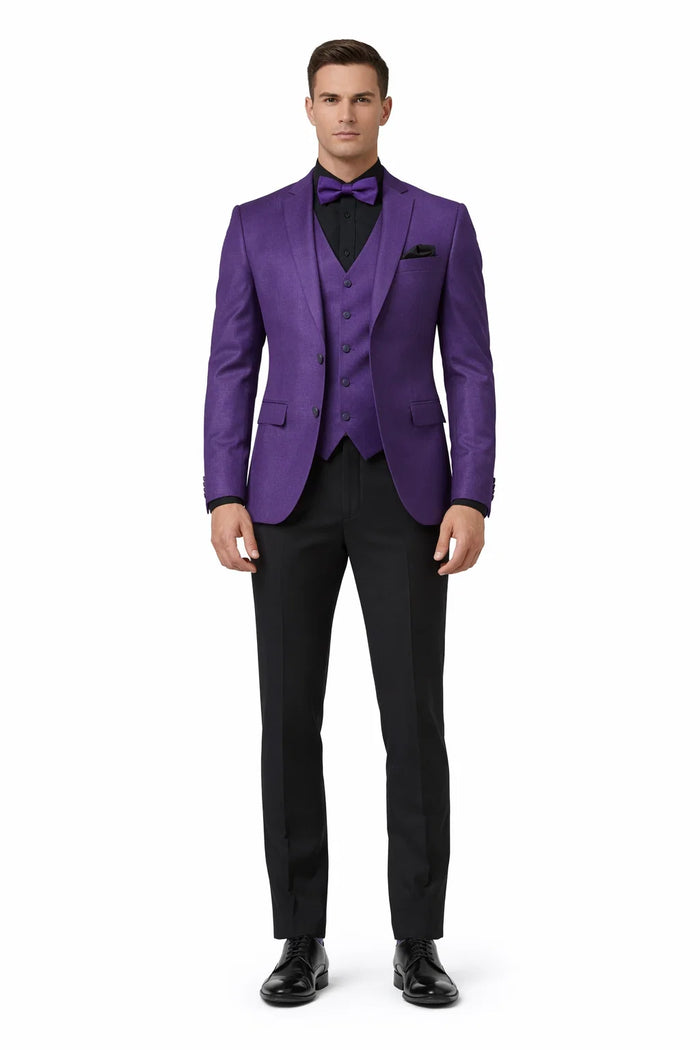 Mens Purple Paisley Tuxedo  3 Piece Suit with Bow Tie and Black Pants | Wedding & Prom Outfit - Slim Fitted