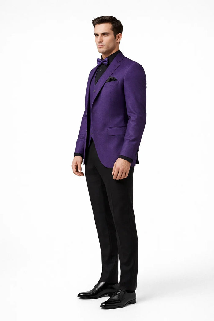 Mens Purple Paisley Tuxedo  3 Piece Suit with Bow Tie and Black Pants | Wedding & Prom Outfit - Slim Fitted