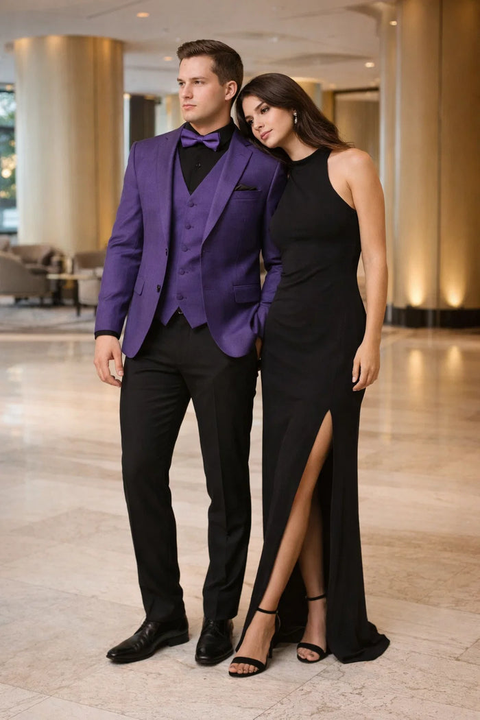 Mens Purple Paisley Tuxedo  3 Piece Suit with Bow Tie and Black Pants | Wedding & Prom Outfit - Slim Fitted