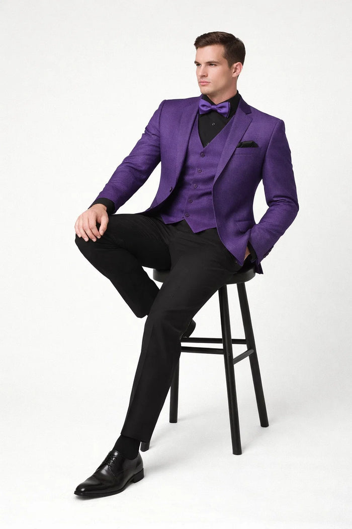 Mens Purple Paisley Tuxedo  3 Piece Suit with Bow Tie and Black Pants | Wedding & Prom Outfit - Slim Fitted