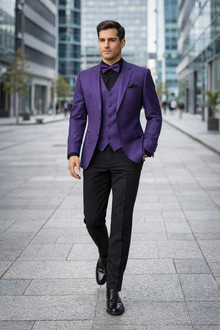Mens Purple Paisley Tuxedo  3 Piece Suit with Bow Tie and Black Pants | Wedding & Prom Outfit - Slim Fitted