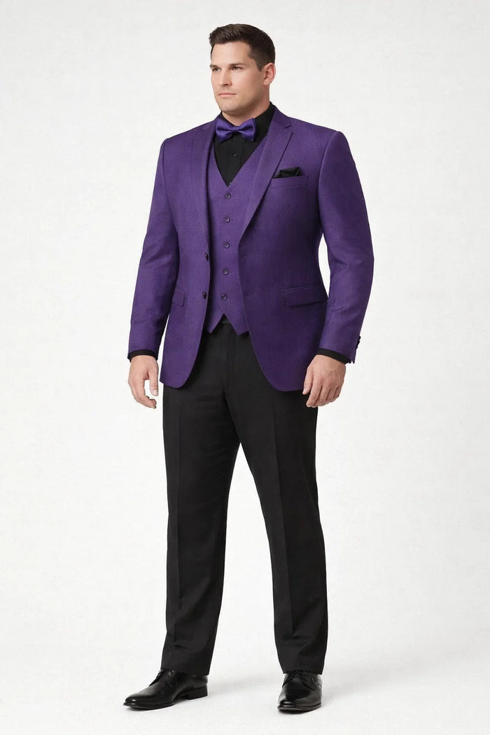 Mens Purple Paisley Tuxedo  3 Piece Suit with Bow Tie and Black Pants | Wedding & Prom Outfit - Slim Fitted