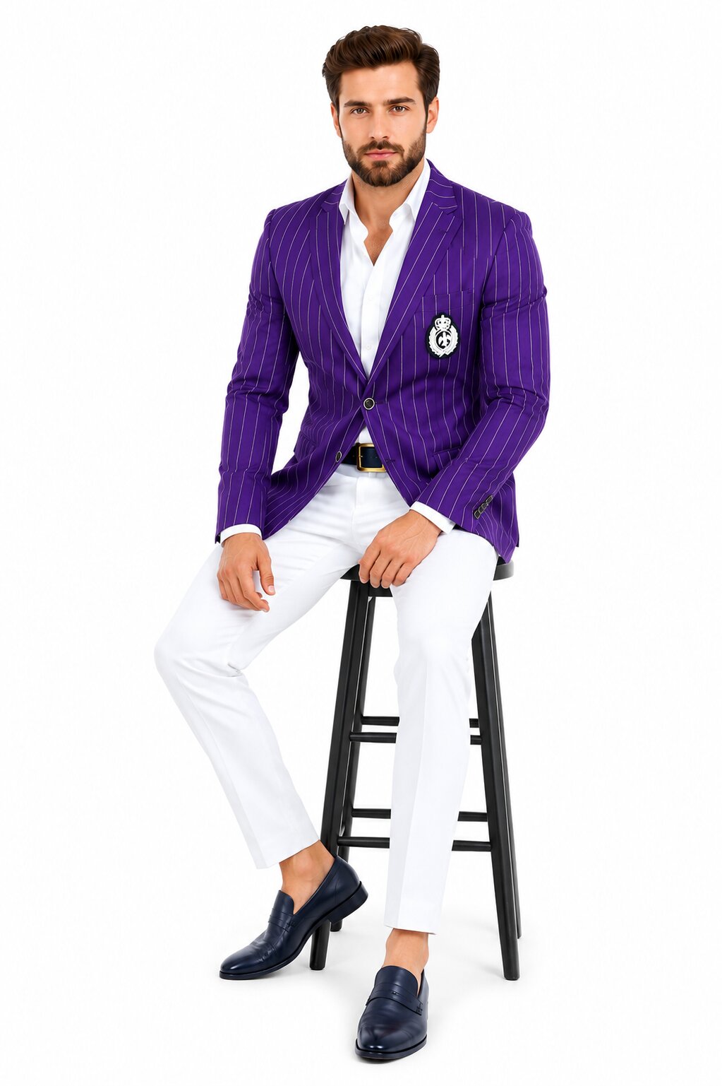 Purple pinstripe blazer with white pants suit party blazer