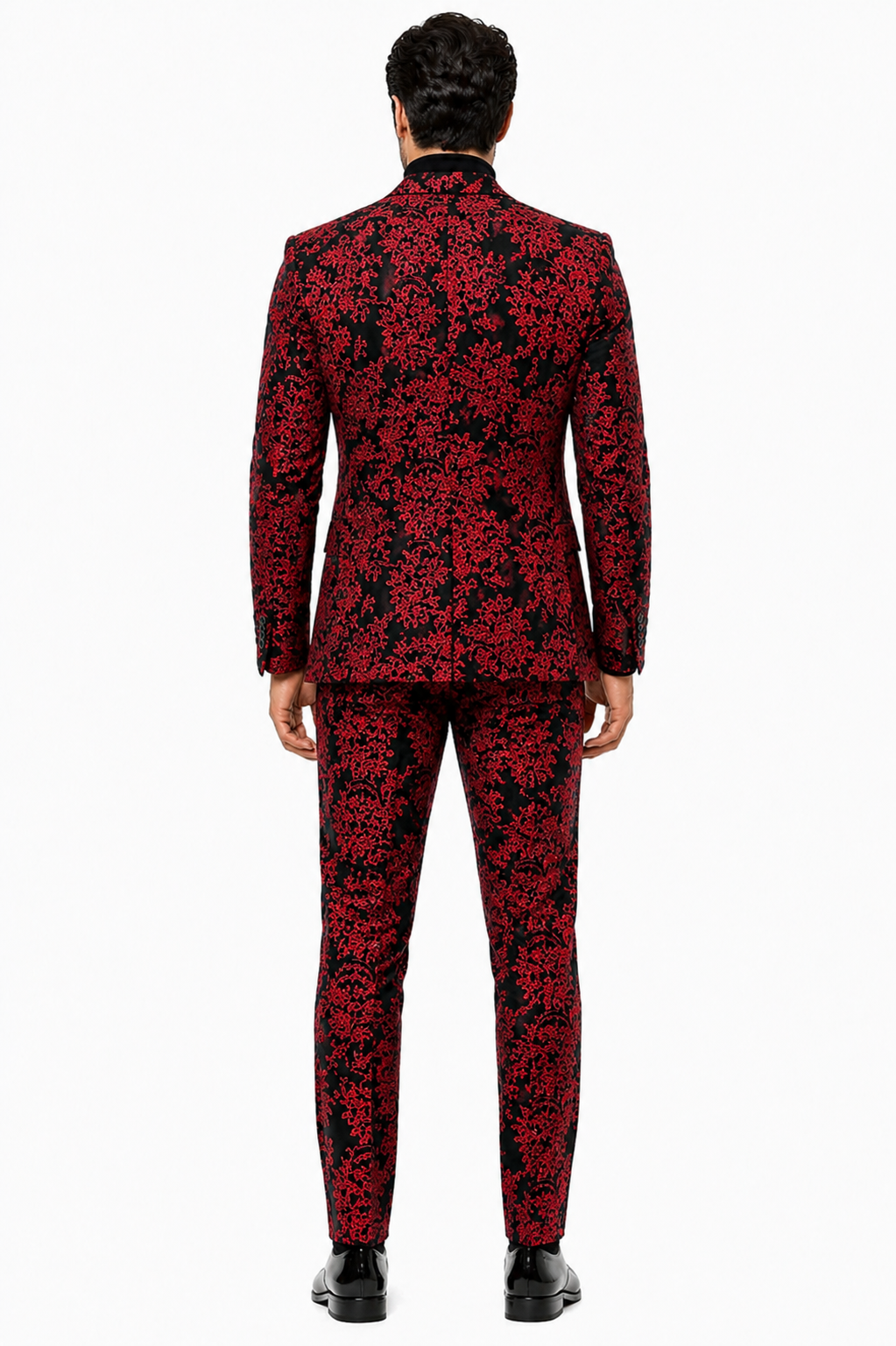 Mens Red and Black Floral Tuxedo Suit  Slim Fit 2 Piece Embroidered Outfit for Weddings, Prom, and Formal Events