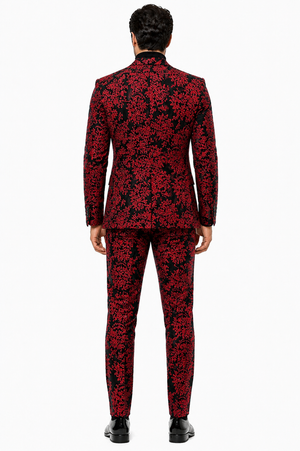 Mens Red and Black Floral Tuxedo Suit  Slim Fit 2 Piece Embroidered Outfit for Weddings, Prom, and Formal Events
