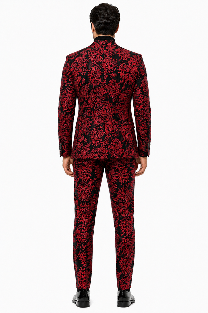 Mens Red and Black Floral Tuxedo Suit  Slim Fit 2 Piece Embroidered Outfit for Weddings, Prom, and Formal Events