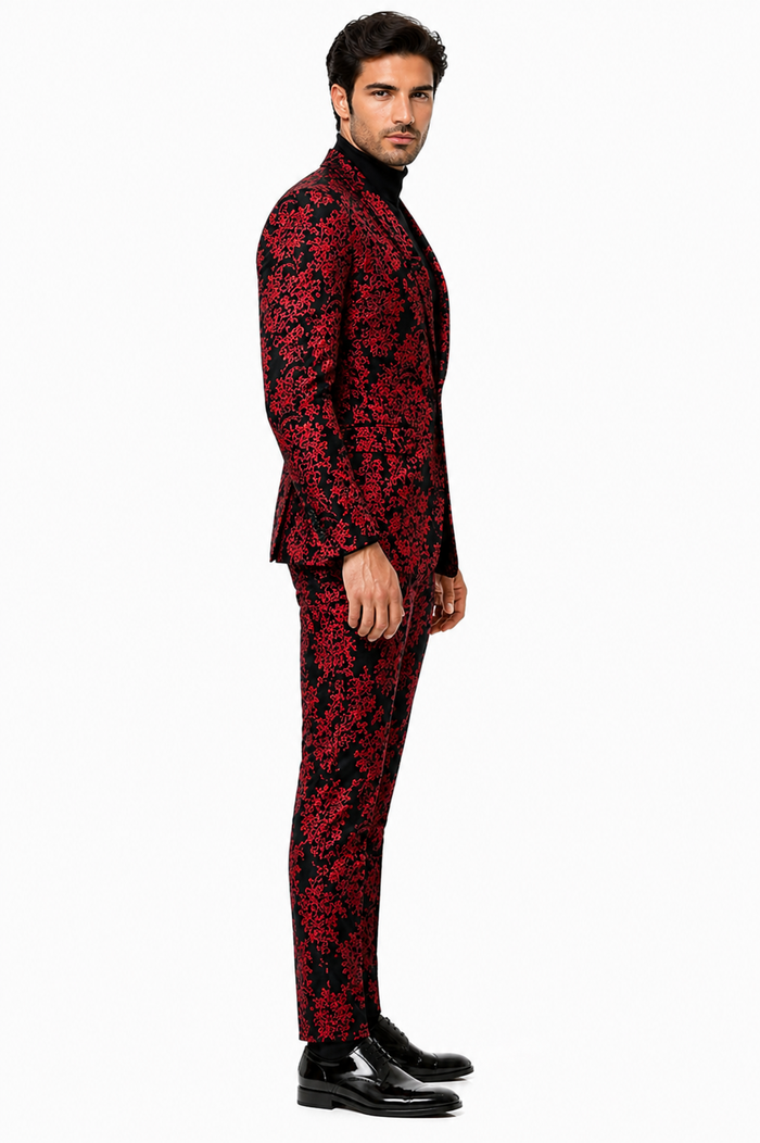 Mens Red and Black Floral Tuxedo Suit  Slim Fit 2 Piece Embroidered Outfit for Weddings, Prom, and Formal Events