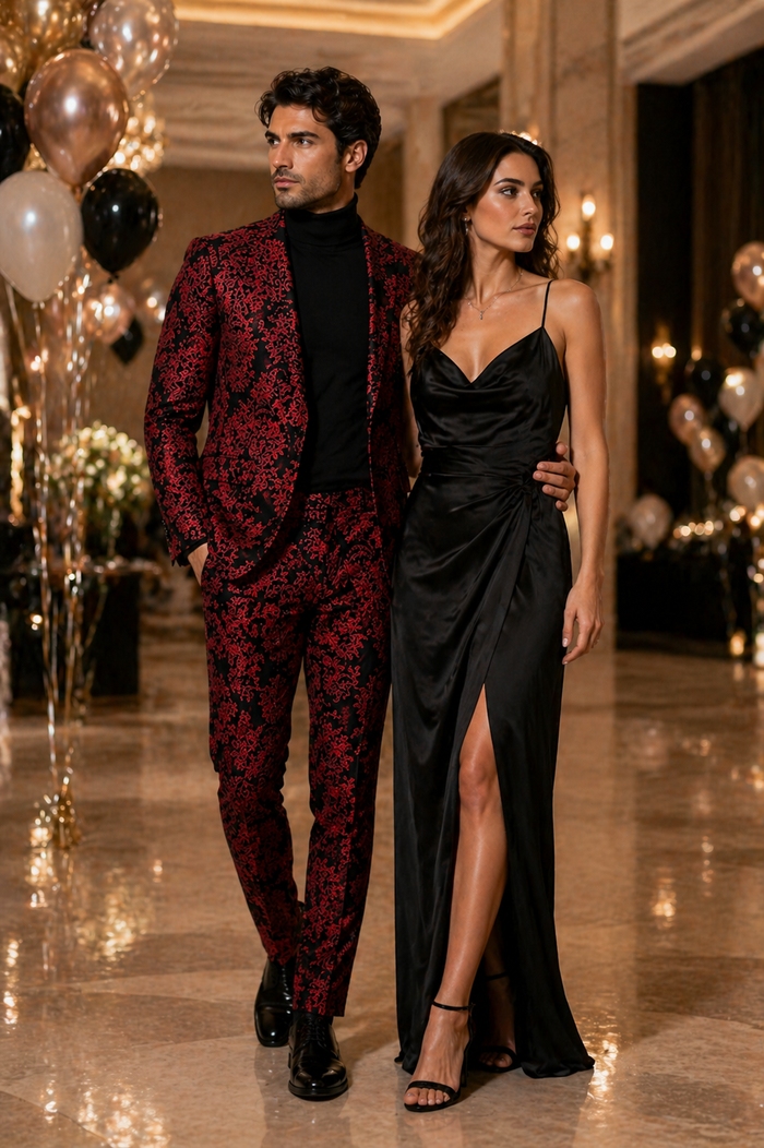 Mens Red and Black Floral Tuxedo Suit  Slim Fit 2 Piece Embroidered Outfit for Weddings, Prom, and Formal Events