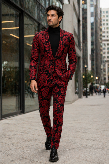 Mens Red and Black Floral Tuxedo Suit  Slim Fit 2 Piece Embroidered Outfit for Weddings, Prom, and Formal Events