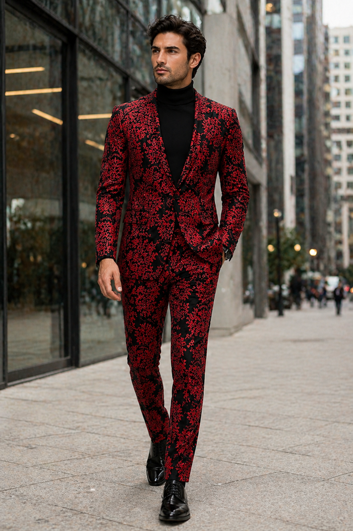 Mens Red and Black Floral Tuxedo Suit  Slim Fit 2 Piece Embroidered Outfit for Weddings, Prom, and Formal Events