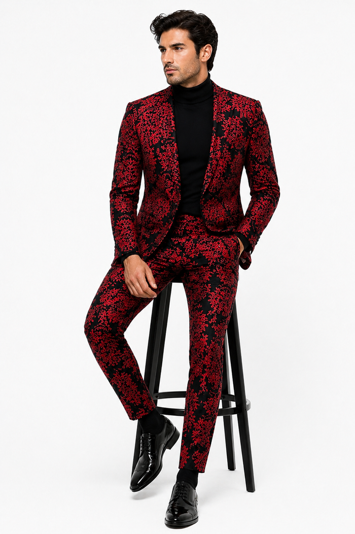 Mens Red and Black Floral Tuxedo Suit  Slim Fit 2 Piece Embroidered Outfit for Weddings, Prom, and Formal Events