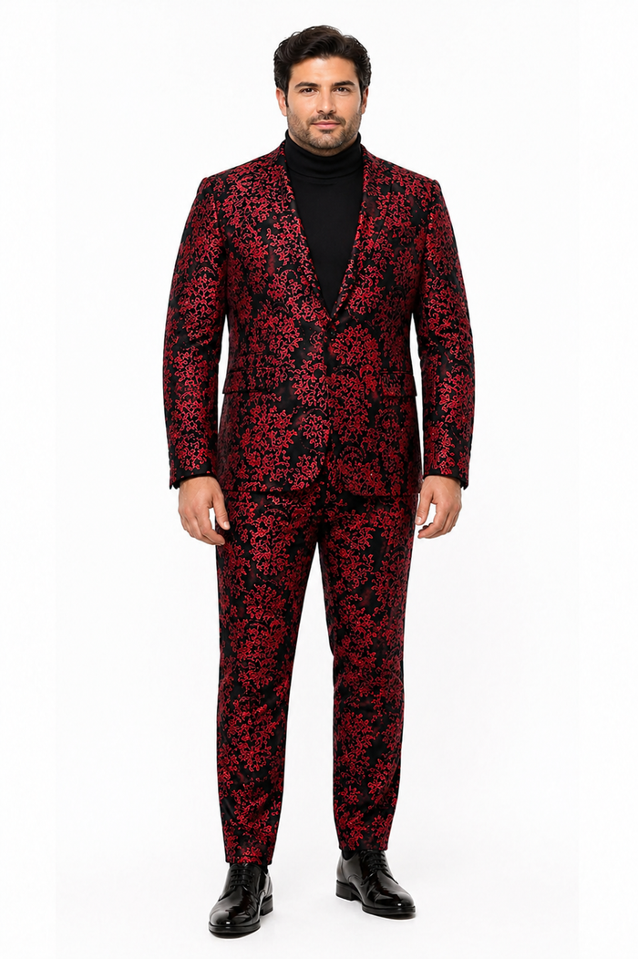 Mens Red and Black Floral Tuxedo Suit  Slim Fit 2 Piece Embroidered Outfit for Weddings, Prom, and Formal Events